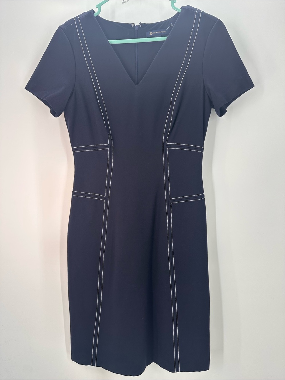 Navy Blue Short Sleeve Sheath Dress by Brook Brothers w V Neck & White Stitching
